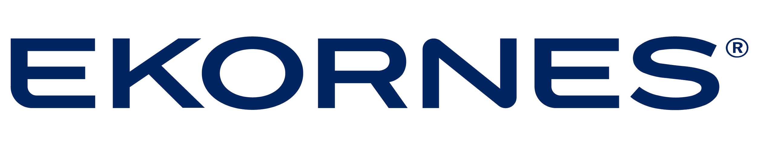 Logoen til verksemda Ekornes i store, blå bokstavar. Ekornes er Nordens største møbelprodusent, med hovudkontor og tre fabrikkar i Sykkylven kommune.