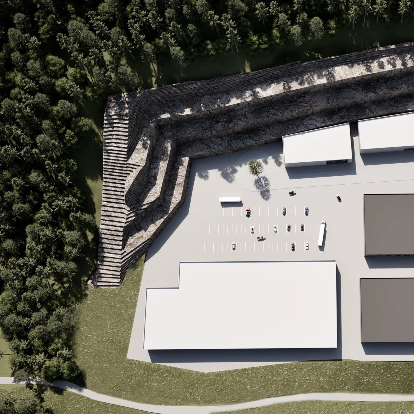 En digital visualisering av et industriområde med lagerbygninger og parkeringsplass, omgitt av skog og grøntområde.