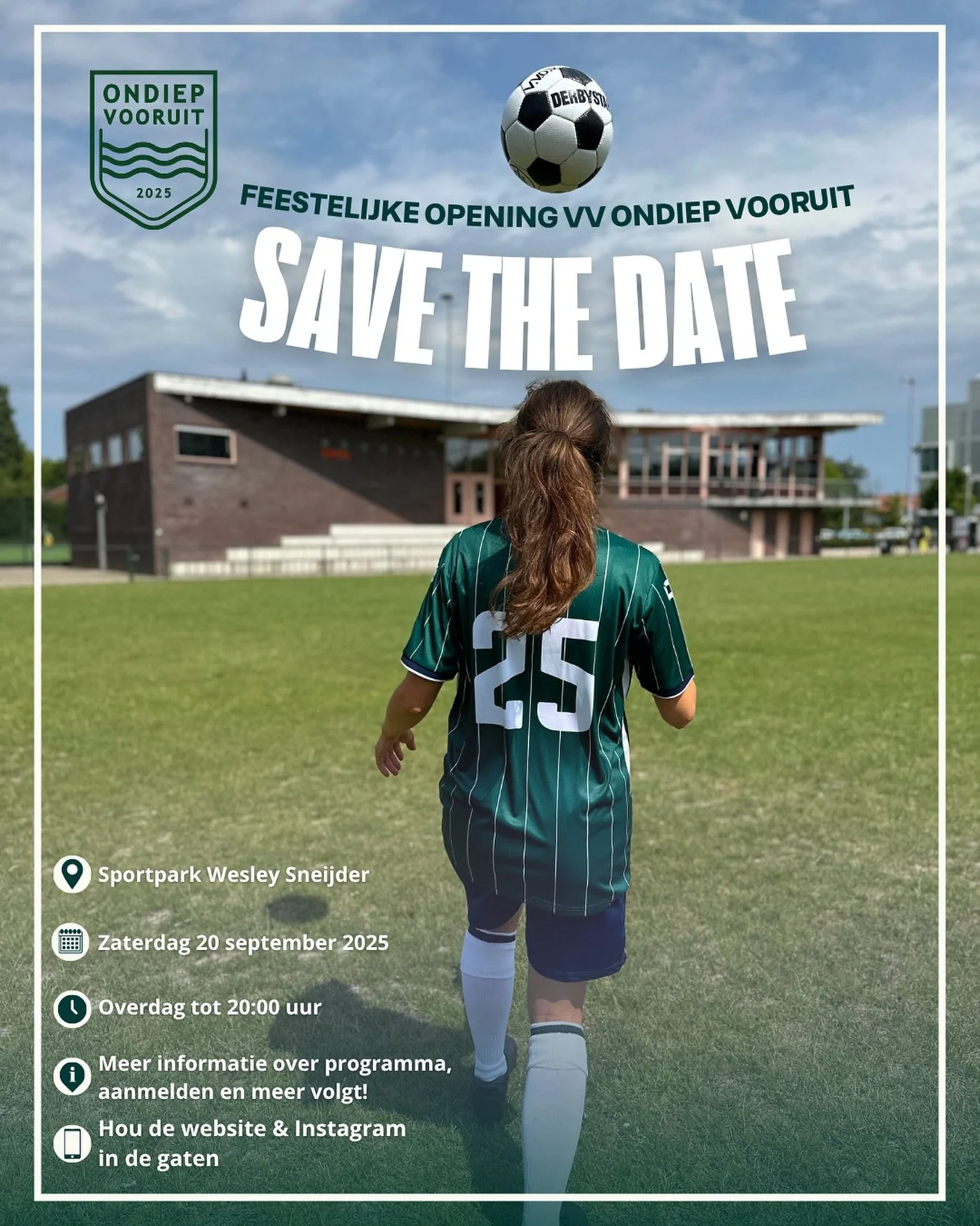 🎉Zet het vast in je agenda: op zaterdag 20 september vindt de langverwachte opening van VV Ondiep Vooruit plaats. We trappen deze feestelijke dag af met de thuiswedstrijden van jong en oud en maken er daarna een gezellige middag van. ⚽️☀️🎤