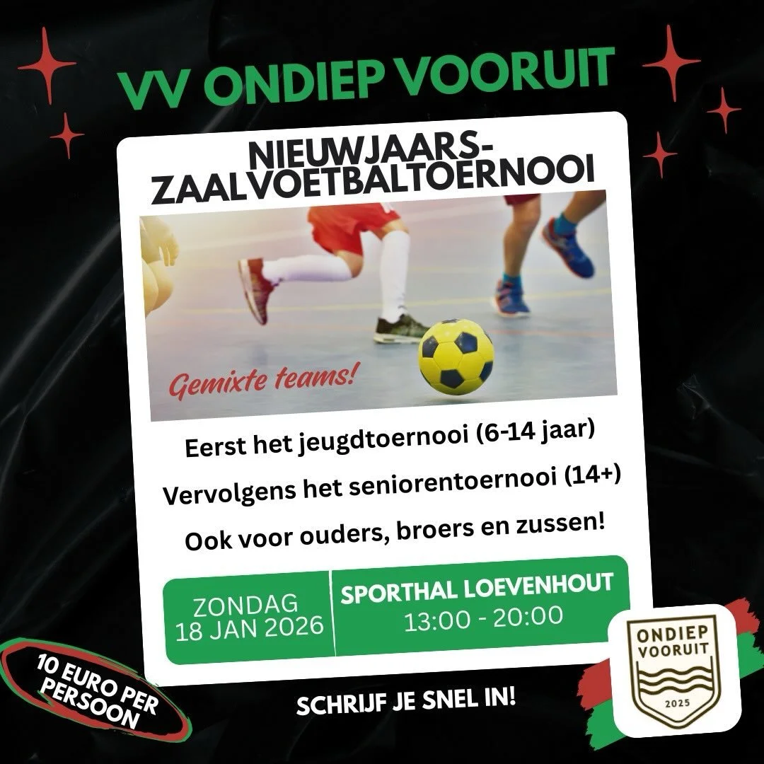 Lieve leden, om het nieuwe jaar goed te beginnen zal er op zondag 18 januari een heus zaalvoetbaltoernooi gehouden worden. De precieze invulling wordt ter zijner tijd bekend gemaakt, maar de jeugd zal aftrappen en de senioren zullen de dag afsluiten.