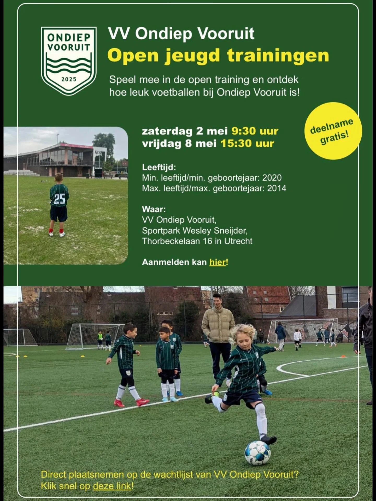 Na de zomer voetballen bij VV Ondiep Vooruit? Op 2 mei en 8 mei organiseren we open trainingen waar alle kinderen geboren in de jaren 2014 - 2020 aan mee mogen doen! Meld je aan via: https://docs.google.com/forms/d/e/1FAIpQLSfp0Rc926P_hw-L51h3LkcNMea