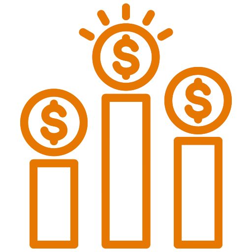 Graphic showing three orange dollar signs inside circles above three ascending bars, representing financial growth or profit.