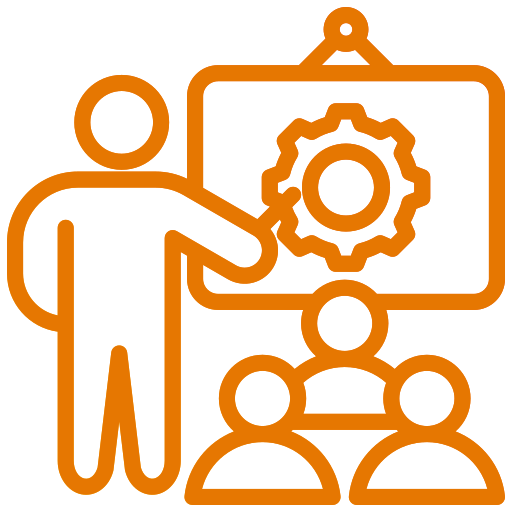 Line drawing of a person pointing at a presentation board with a gear symbol, in front of three seated people