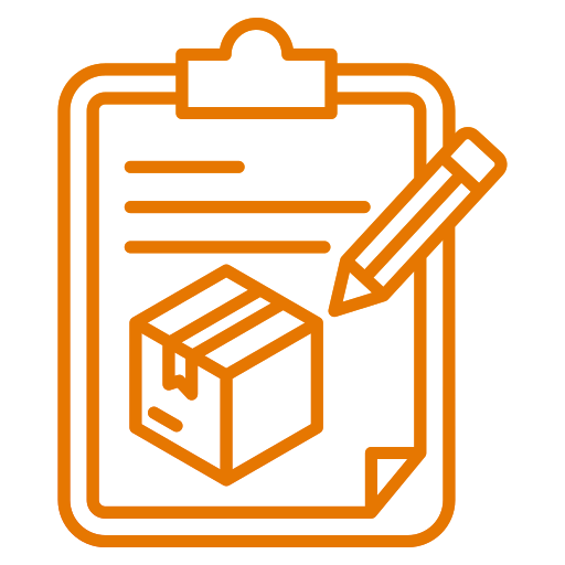 Icon of a clipboard with a weblined paper, a pencil, and a box, representing inventory or order management.