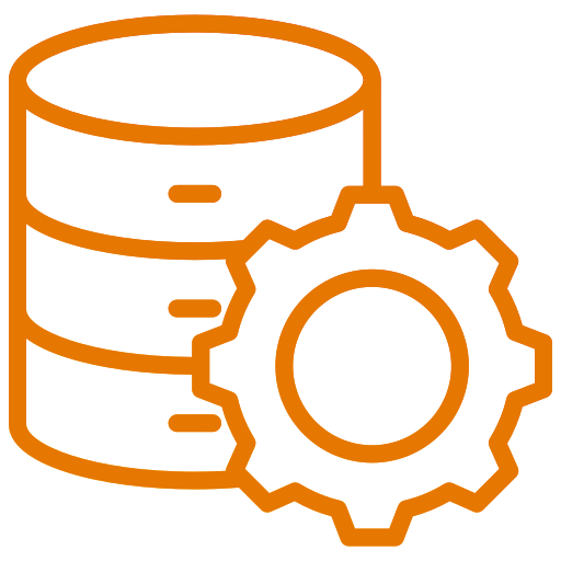 Outline icon of a database with a gear symbol, representing data management or settings.