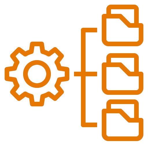 Icon of a gear connected to a vertical list of folders, representing file or document management.