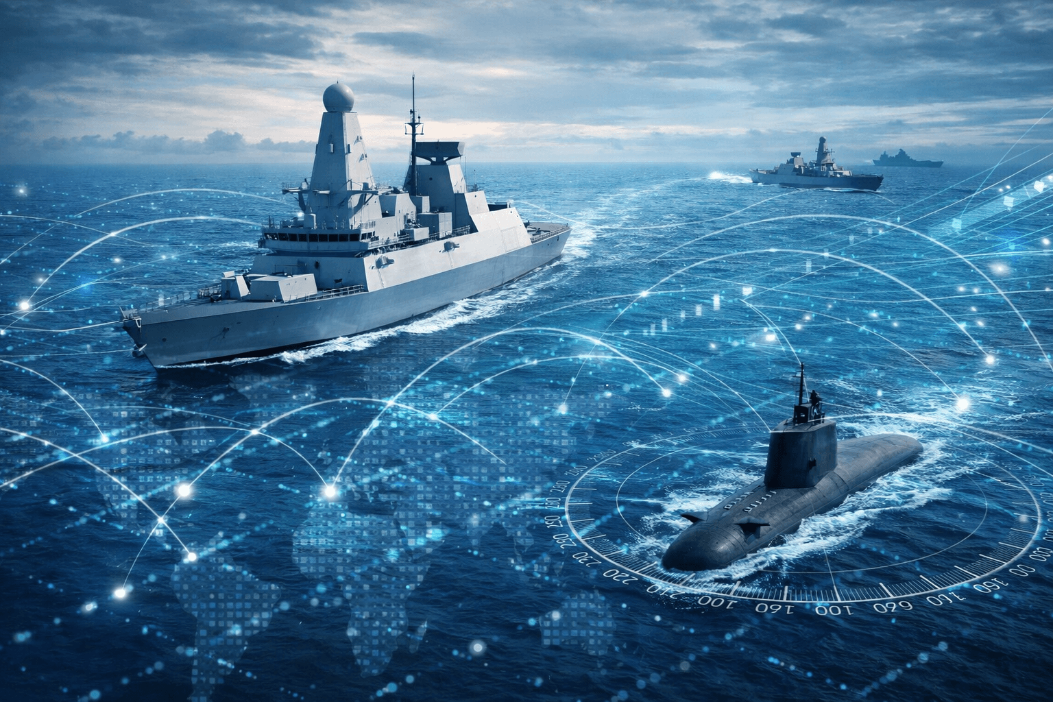 Military ships and submarine on the ocean with digital data and world map overlay, representing naval technology and communication.