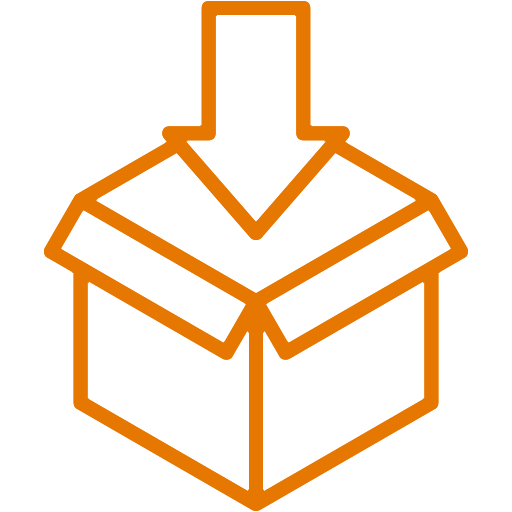 Outline drawing of an open box with an arrow pointing down into it.