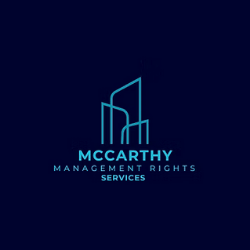 Logo for McCarthy Management Rights Services featuring stylized building outline in blue on dark background.