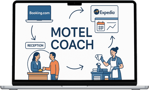 Infographic illustrating the process of booking a motel coach: booking on Booking.com or Expedia, checking in at reception, and housekeeping cleaning the room.