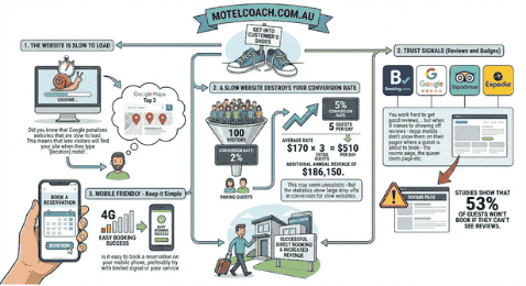 Motel Marketing for your Website - statistics emphasizing the importance of page speed, mobile-first website and reviews on your website to maximize booking conversions.