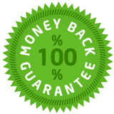 Green badge with circular border reading 'Money Back Guarantee 100%'