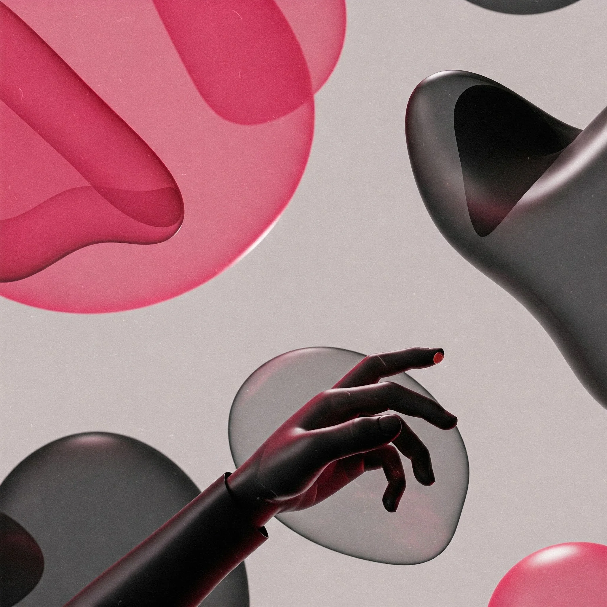 Abstrakte Darstellung mit einer schwarzen Hand, die nach transluzenten roten und grauen Formen greift, vor einem neutralen Hintergrund.