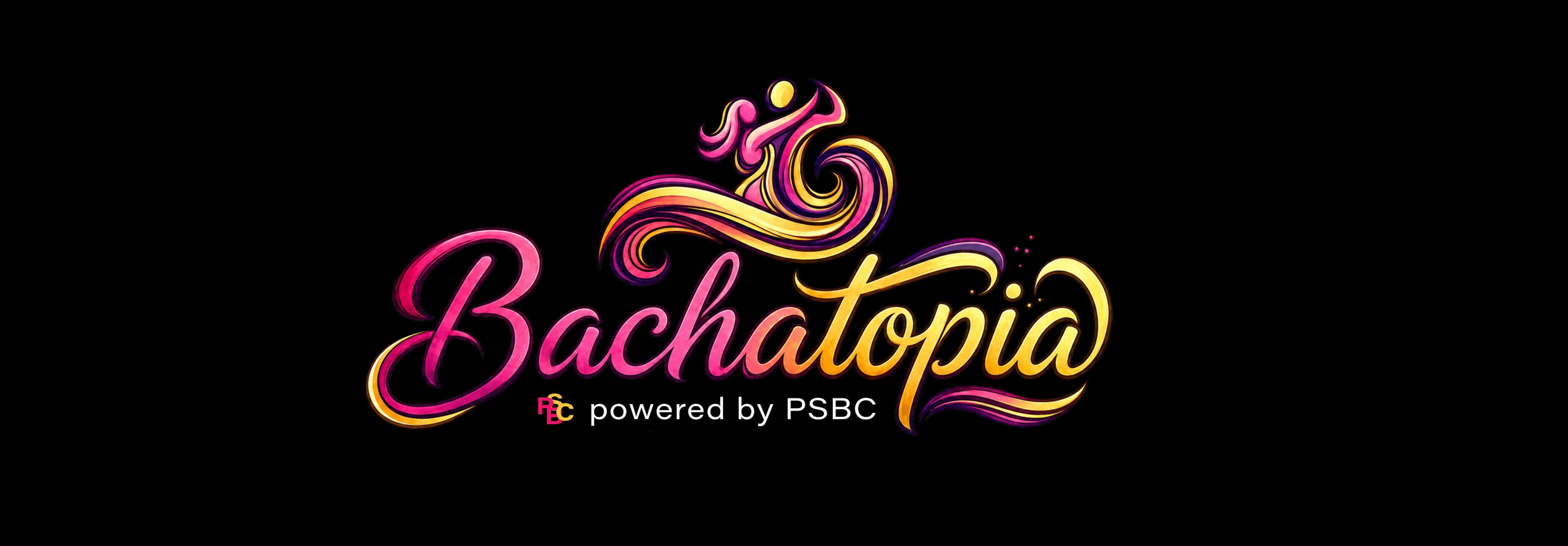 Colorful neon-style text reading "Bachatopia" with a stylized cloud or smoke at the top, and small text below saying "powered by PSBC", set against a black background.