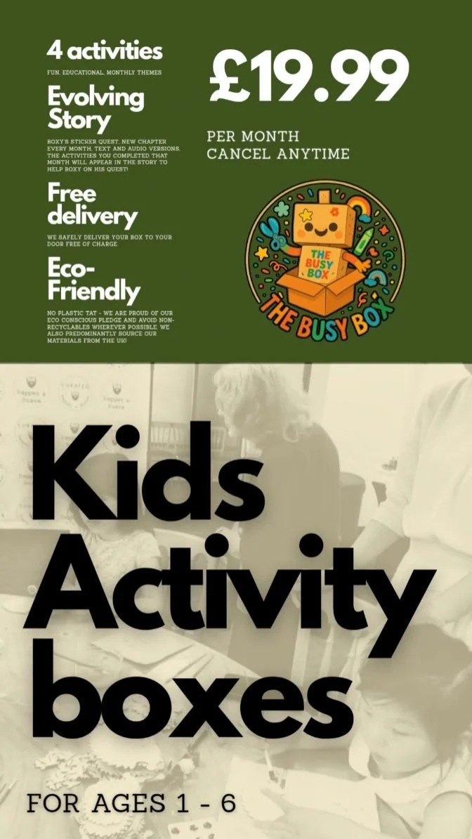 What is The Busy Box?
A monthly parcel of ready-to-go crafty adventures that kids (and parents!) get hooked on.
✨ 4 fun, hands-on crafts
✨ A new theme every month
✨ Your child’s creations appear in that month’s chapter of Boxy’s