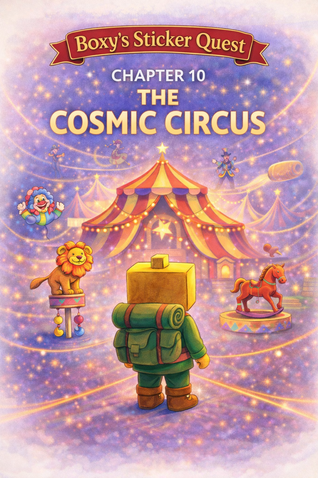 Boxy’s Sticker Quest Chapter 10 The Cosmic Circus poster featuring Boxy the cardboard box character looking towards a glowing circus tent in space, with stars, lantern lights and a magical cosmic background from The Busy Box children’s craft story.