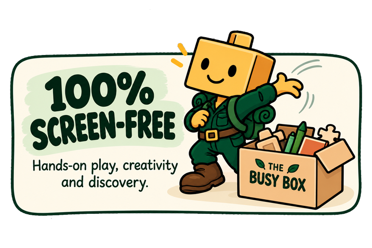 100 percent screen-free Busy Box activities with Boxy throwing a phone away