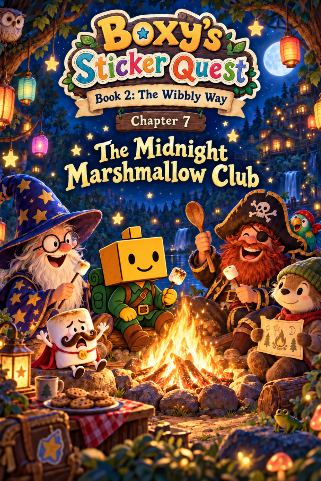 Boxy and his friends toast marshmallows around a magical campfire beneath glowing lanterns in Chapter 7, The Midnight Marshmallow Club, from The Busy Box’s children’s Sticker Quest adventure.