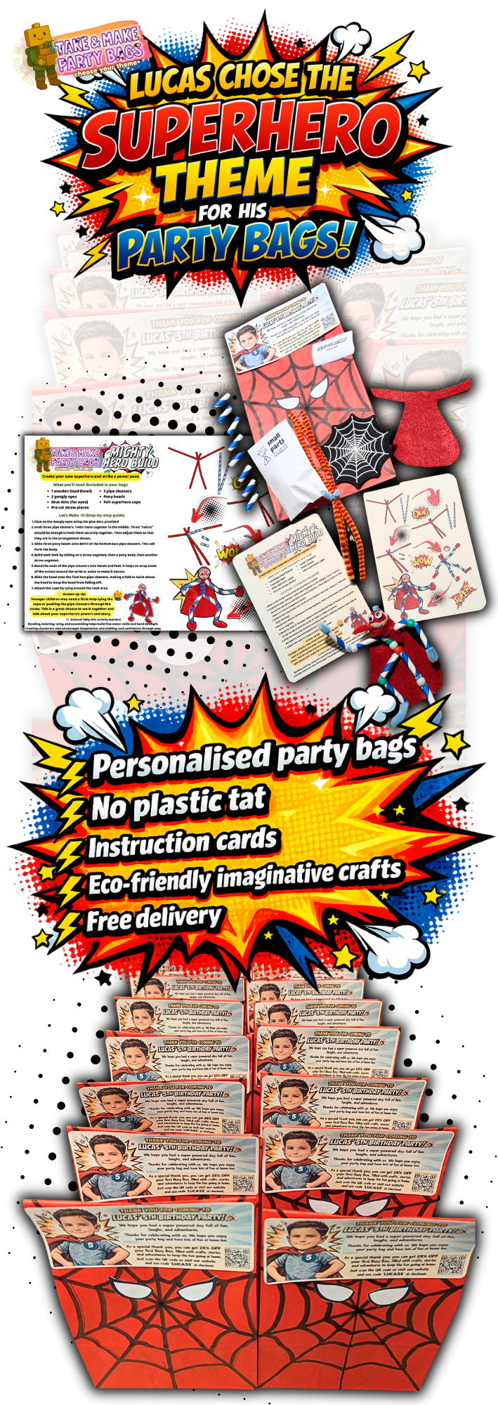 Personalised children’s party bag example with superhero-themed craft activity and instruction card by The Busy Box