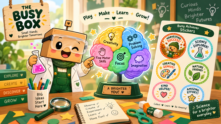 The Busy Box science scene with Boxy in a science outfit