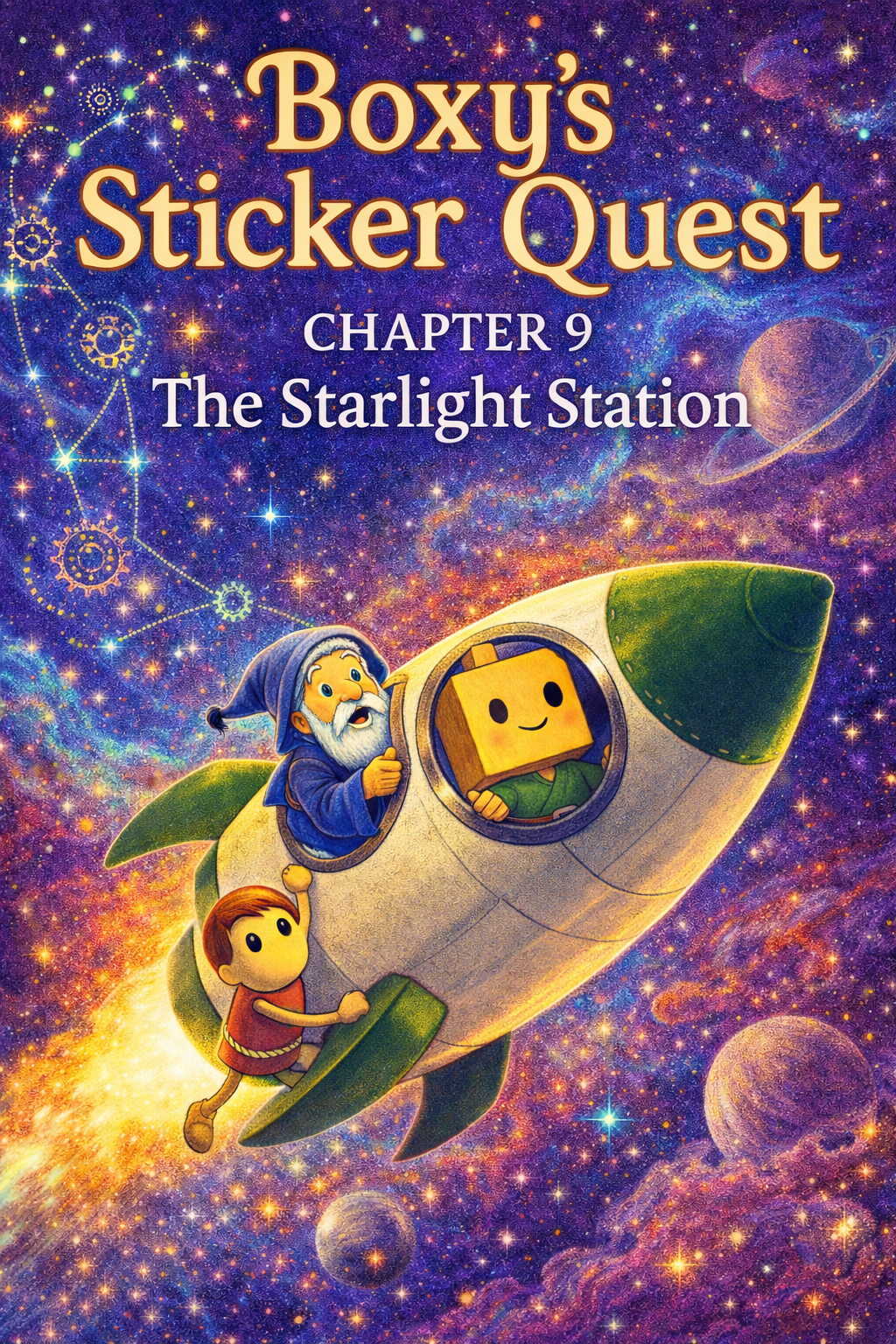 Chapter 9 of Boxy’s Sticker Quest, The Starlight Station, launches Boxy, Gluebert and Pete into space. Included with every Busy Box, this magical chapter pairs storytelling with hands-on space crafts for ages 1–3 and 3–6.