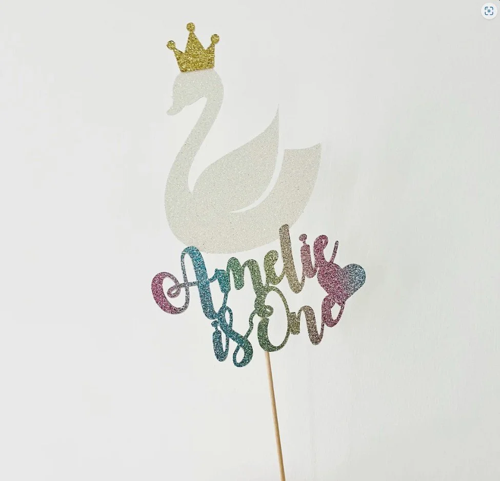 1 x Swan Layered Glitter Cake Topper, Personalised, Any Name & Age, Birthday, Girls Party Swan Theme