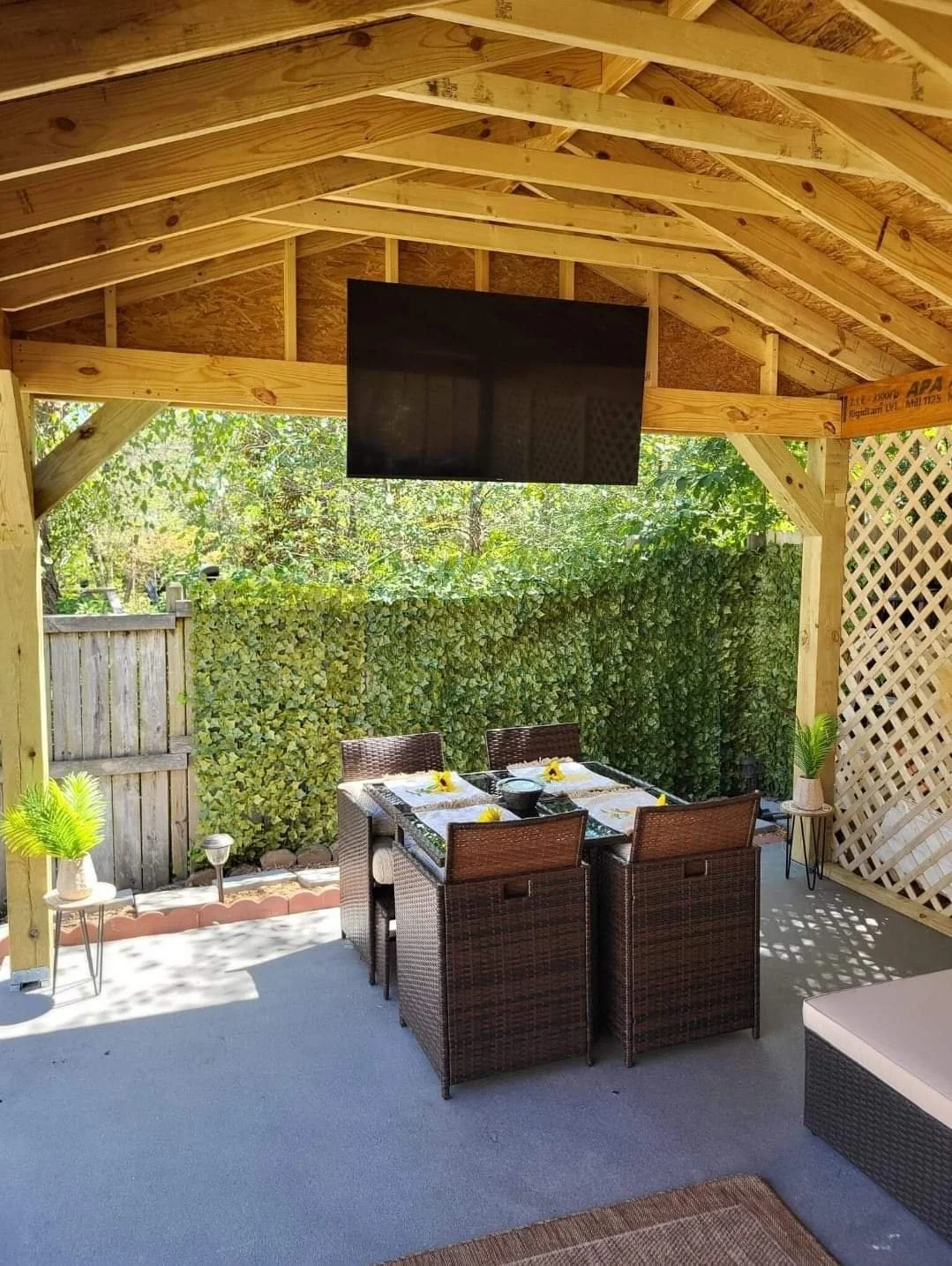 Custom lighting, ceiling fan, and tv upgrades to your deck atmosphere.