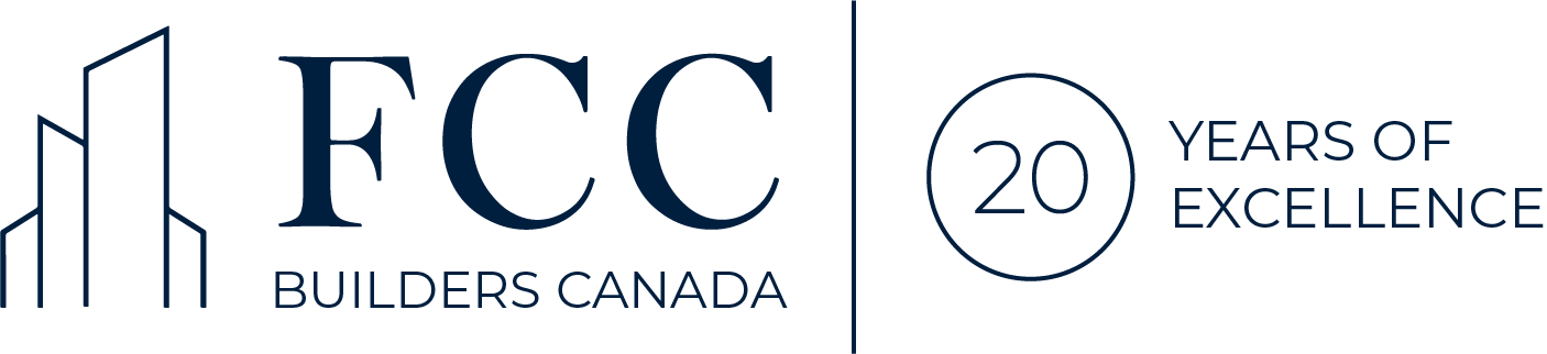 Logo for Builders Canada celebrating 20 years of excellence, featuring the letters 'FCC' and an abstract building structure.