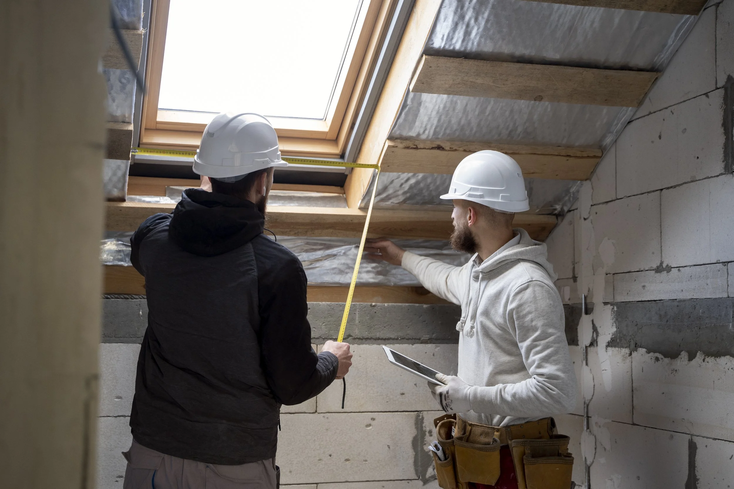 Two construction workers wearing white safety helmets inspecting a roof window in an indoor construction site. One worker is holding a measuring tape while the other uses a tablet.