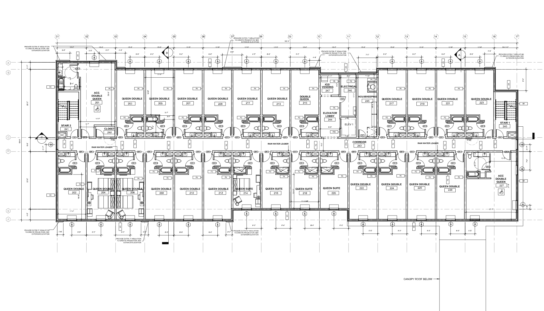 Hotel floor plan showing guest rooms arranged along a central corridor.