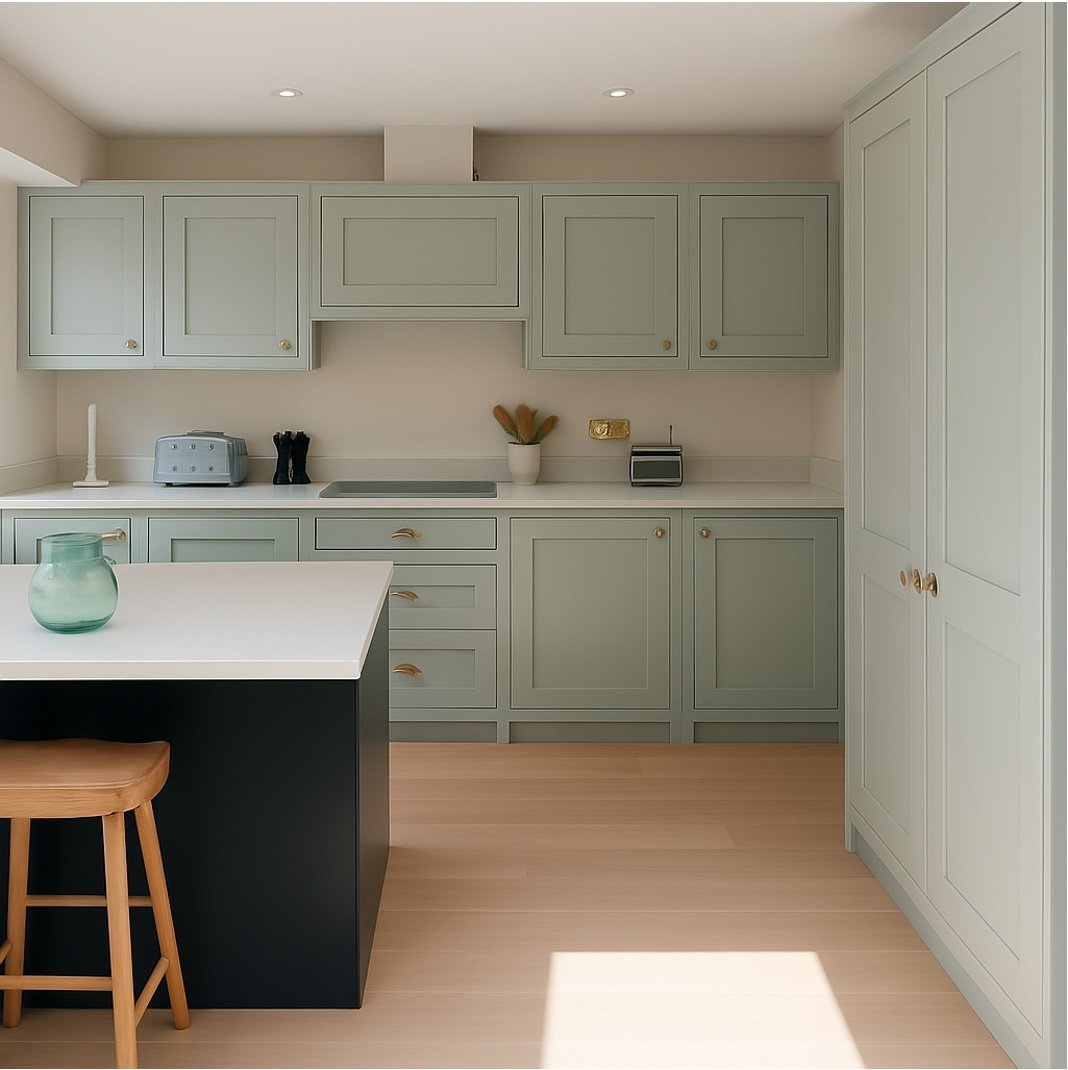 This in-frame shaker kitchen is crafted with solid hardwood doors and a hardwood frame, all finished in Farrow & Ball paint.