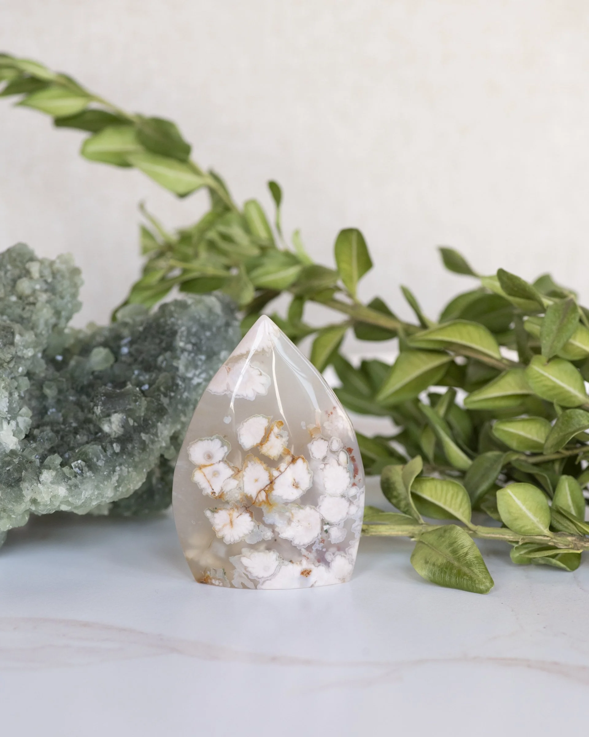 A close-up of a white polished stone with orange and white agate-like patterns, placed in front of green leafy plants and a textured green mineral on the left.