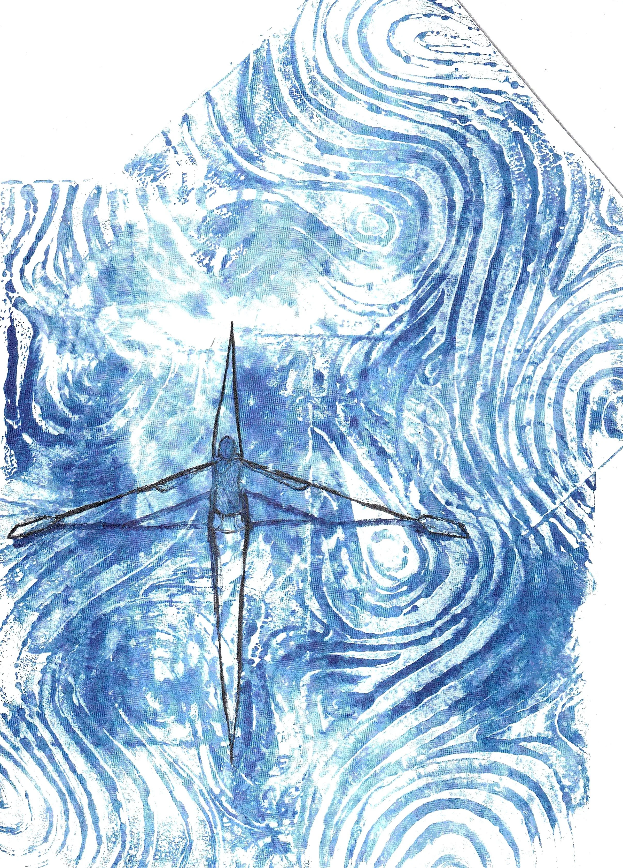 A rower on a blue and white abstract water background, with a hand-drawn outline of a person rowing.
