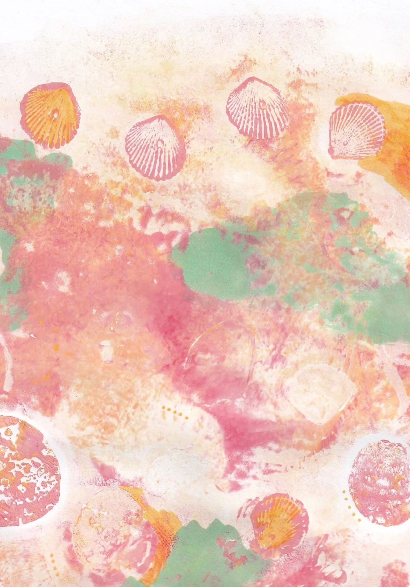 Abstract pastel-colored artwork with shell prints and circular shapes in pink, green, orange, and white.