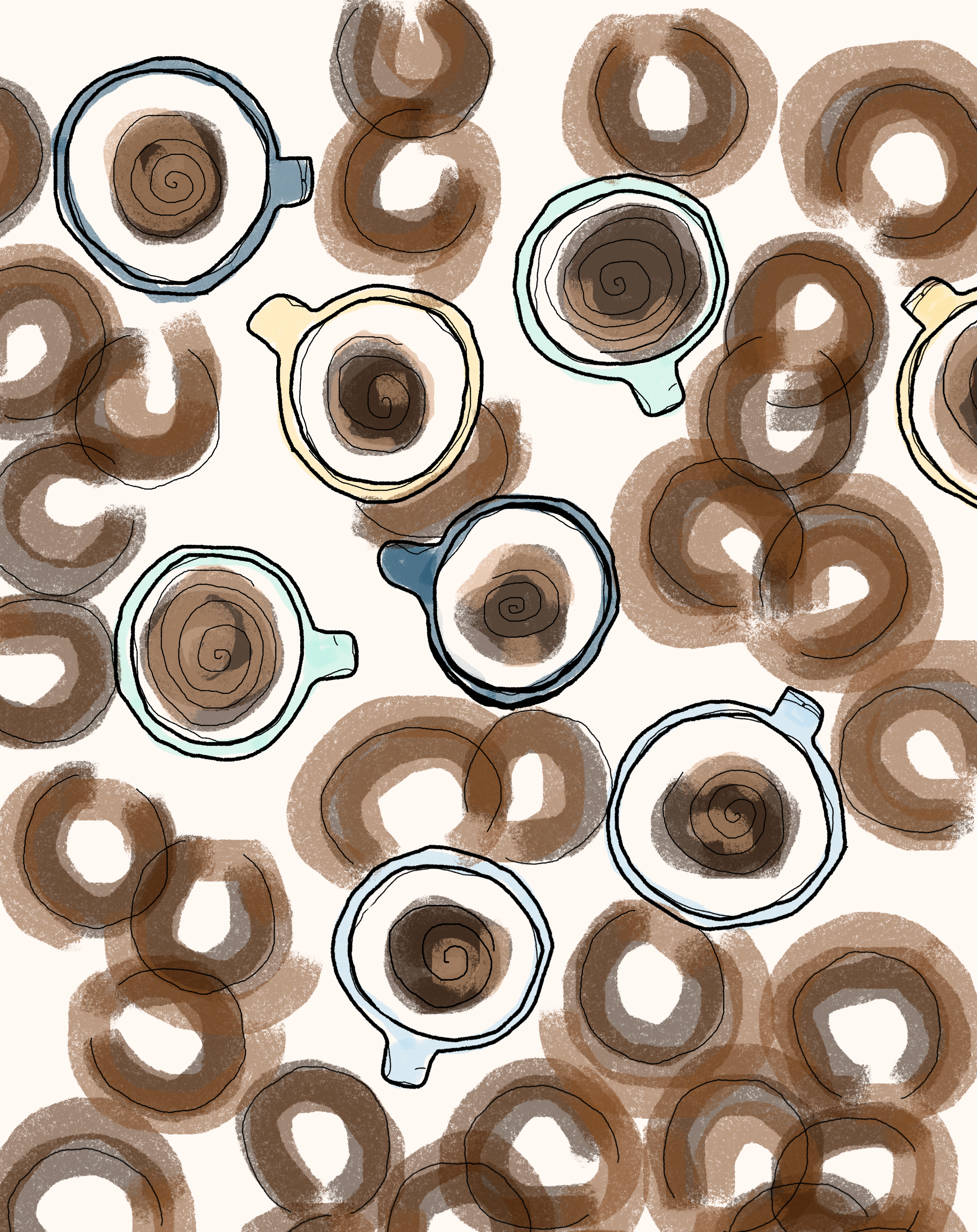 Illustration of coffee mugs and coffee rings on a beige background.