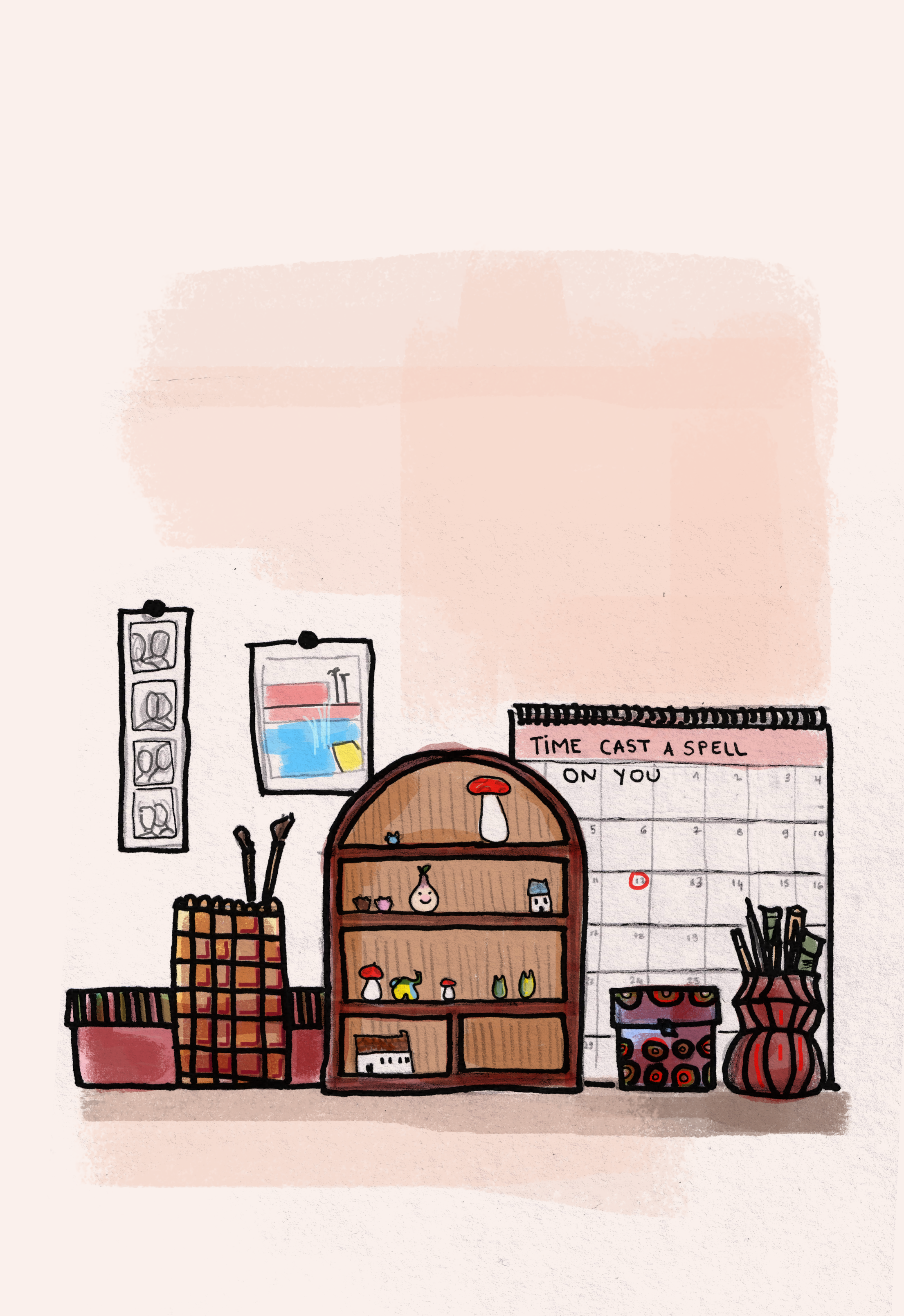 A cozy room corner with a wooden shelf displaying small decorative items, a lamp above, a calendar titled 'Time Cast a Spell on You,' and various storage boxes and vases.