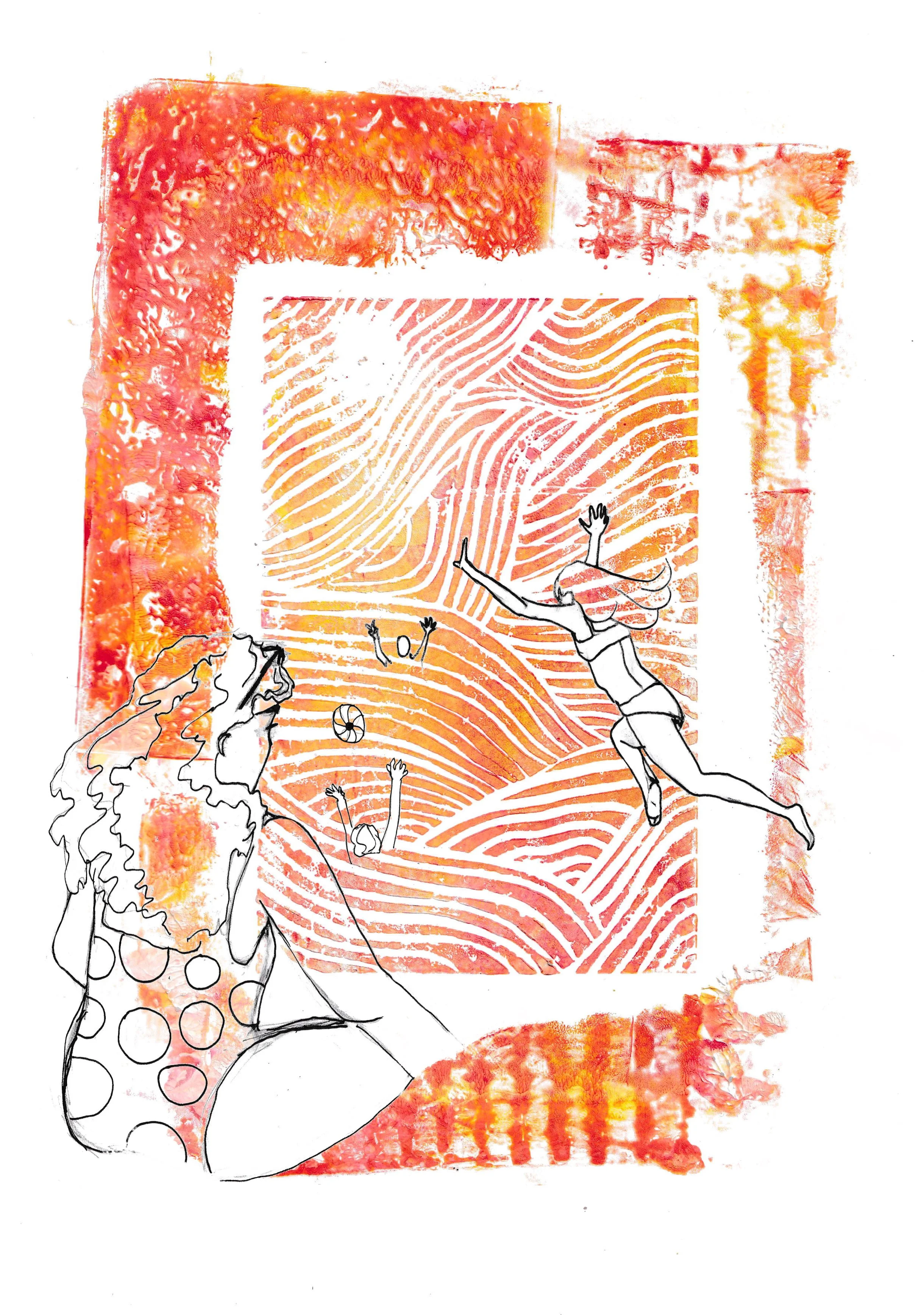 Illustration of a woman with curly hair and a polka dot top watching people playing volleyball through and cliff jumping with a colorful textured border.