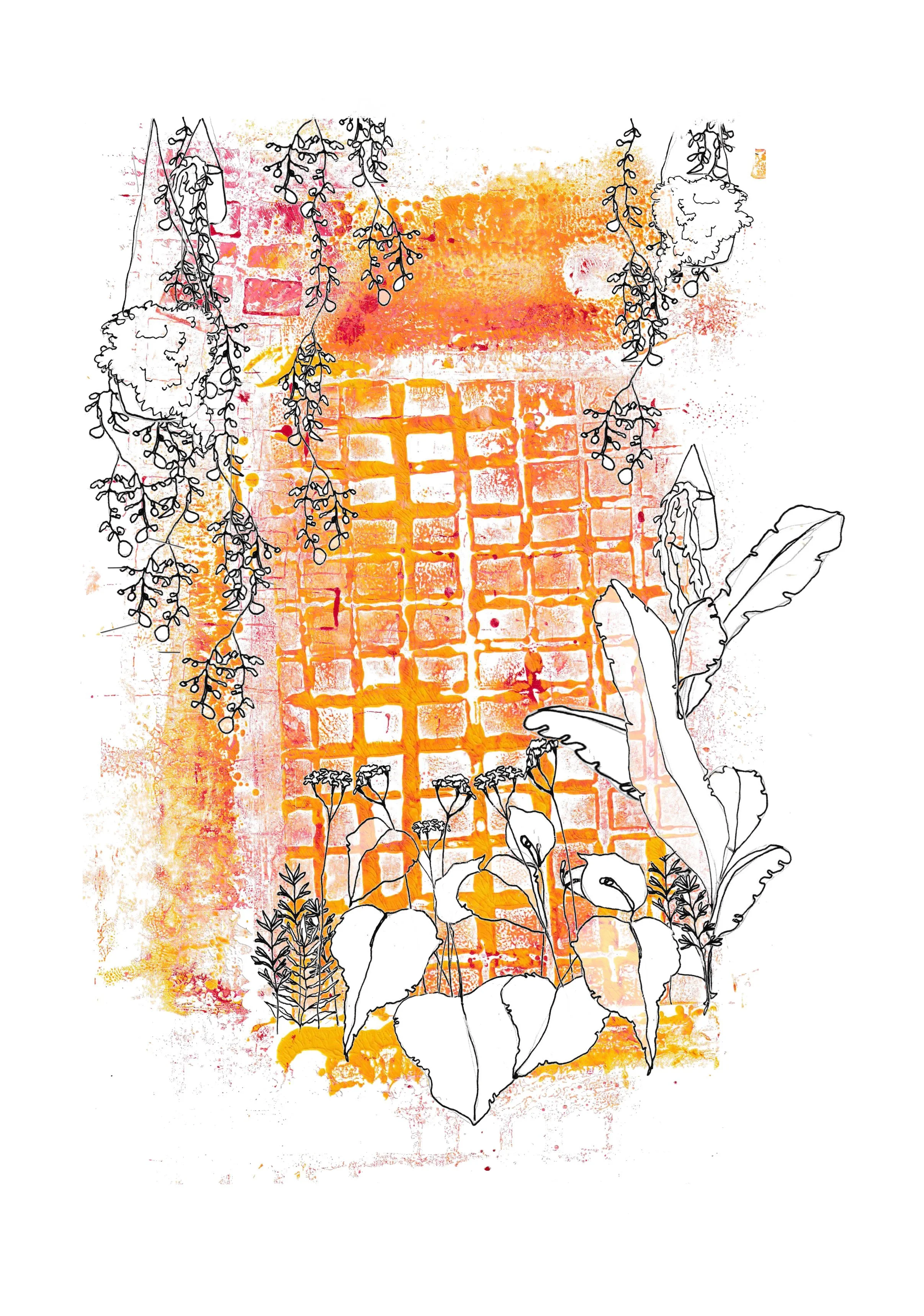 Abstract art featuring an orange grid-like background with black line drawings of hanging plants, flowers, and leaves.
