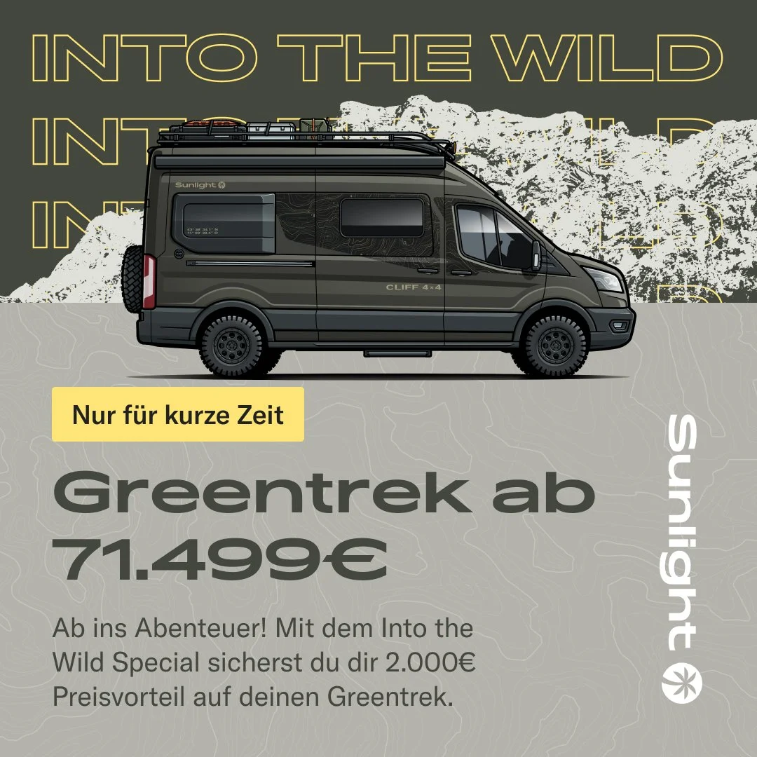 Into the Wild &ndash; mit Vollgas. 🚀🚐

Der neue SUNLIGHT Greentrek ist kein gew&ouml;hnlicher Camper Van. Er ist ein Statement auf R&auml;dern &ndash; gemacht f&uuml;r alle, die auffallen wollen:💥

➡️ Raptor-K&uuml;hlergrill
➡️ Sonderlackierung &b