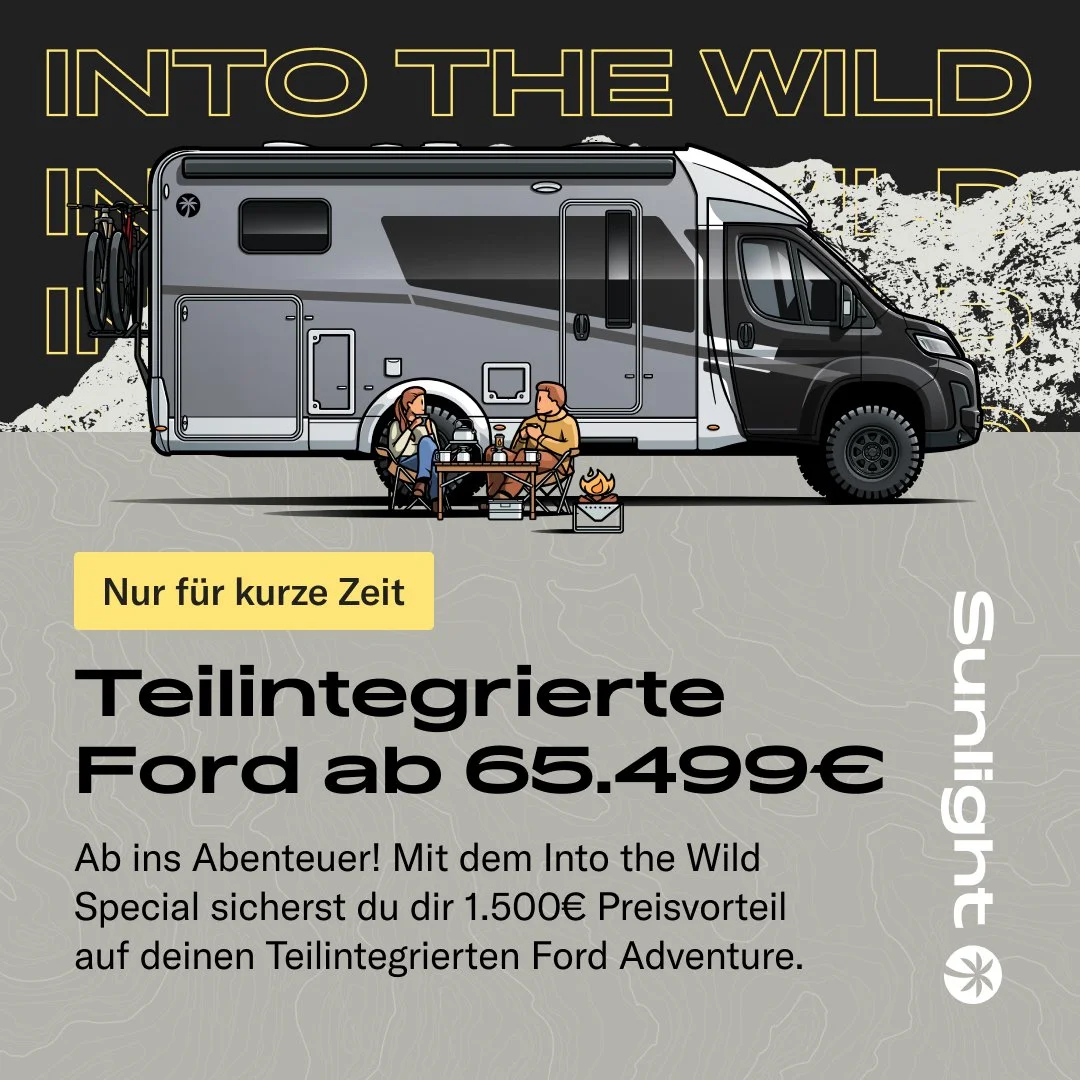 Into the wild! 🌍🚐

Unsere SUNLIGHT Teilintegrierten auf Ford-Basis bieten dir extra viel Raum f&uuml;r dein Abenteuer &ndash; mit markant schwarzem Fahrerhaus, stilvoller Beklebung und der beliebten Adventure-Ausstattung inklusive Fahrradtr&auml;ge