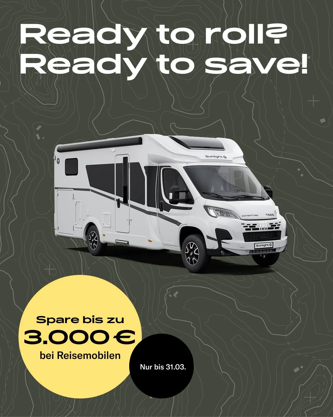 Ready to roll?  Dann wird&rsquo;s Zeit loszufahren 🚐

Bei uns sicherst du dir jetzt bis zu 3.000 &euro; Vorteil auf ausgew&auml;hlte SUNLIGHT Reisemobile.

Mehr Platz, mehr Komfort &ndash; perfekt f&uuml;r lange Reisen und spontane Stopps.

Nur f&uu