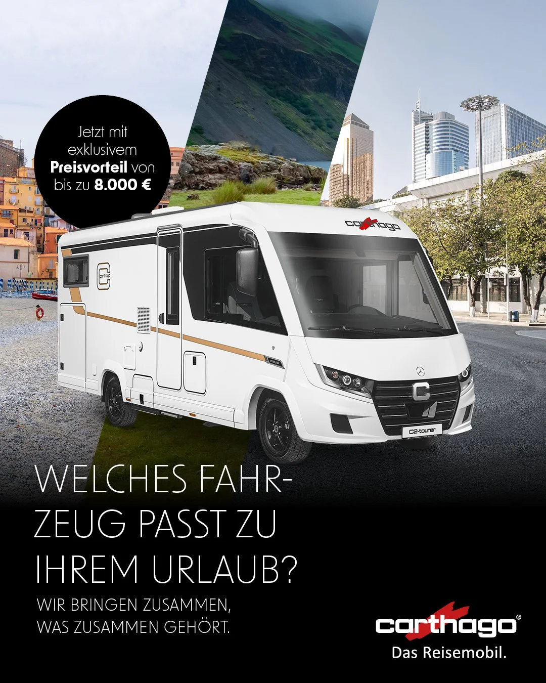 Sie wissen noch nicht, welcher Carthago am besten zu Ihnen passt? Verraten Sie uns, wie Sie am liebsten Urlaub machen - und wir zeigen Ihnen das passende Reisemobil. Das Beste: bis 6. April profitieren Sie dabei von bis zu 8.000 &euro; Preisvorteil.
