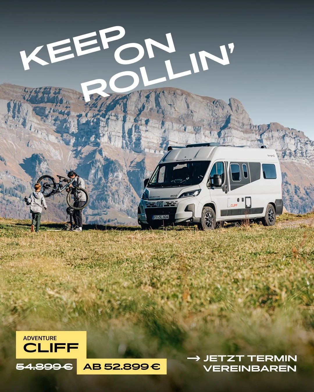Camper Van + Bikes. Los geht&rsquo;s. 🚐🙌🏼

Der Sunlight CLIFF Adventure bringt dich raus aus dem Alltag und rein ins echte Abenteuer.

Und jetzt ist der perfekte Zeitpunkt einzusteigen:

👉 2.000 &euro; Preisvorteil sichern
👉 ab 52.899 &euro; erh