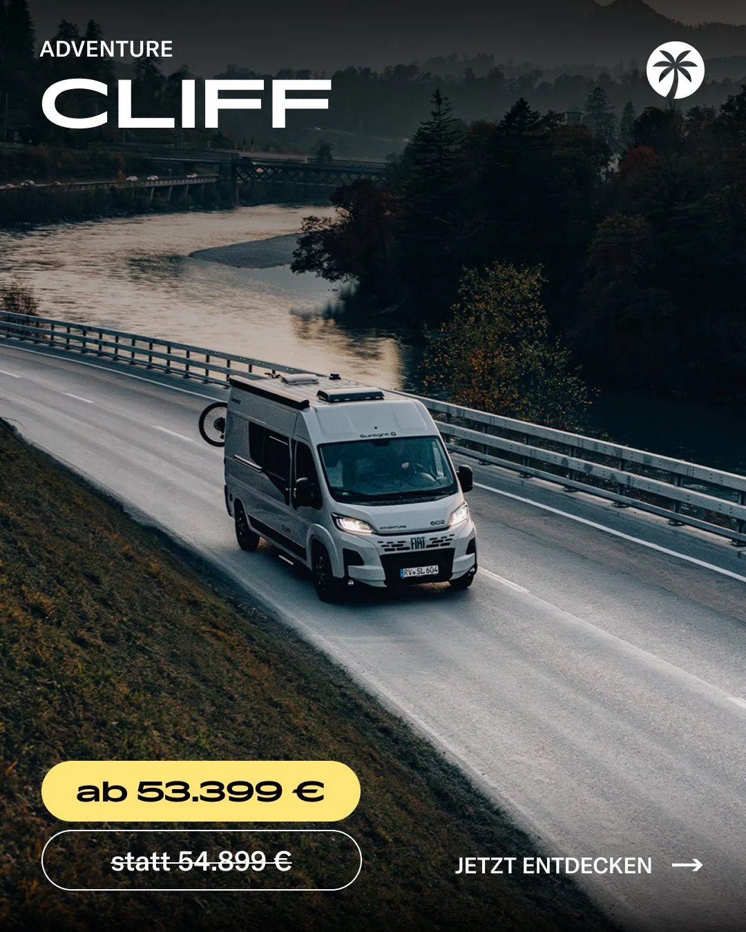 Abseits der Standards unterwegs 🏕️🚐

Der SUNLIGHT CLIFF Adventure ist gemacht f&uuml;r alle, die mehr wollen: kompakt im Alltag, flexibel auf Reisen und voll ausgestattet f&uuml;r spontane Trips ins Gr&uuml;ne.

Markise, Fahrradtr&auml;ger und Adve