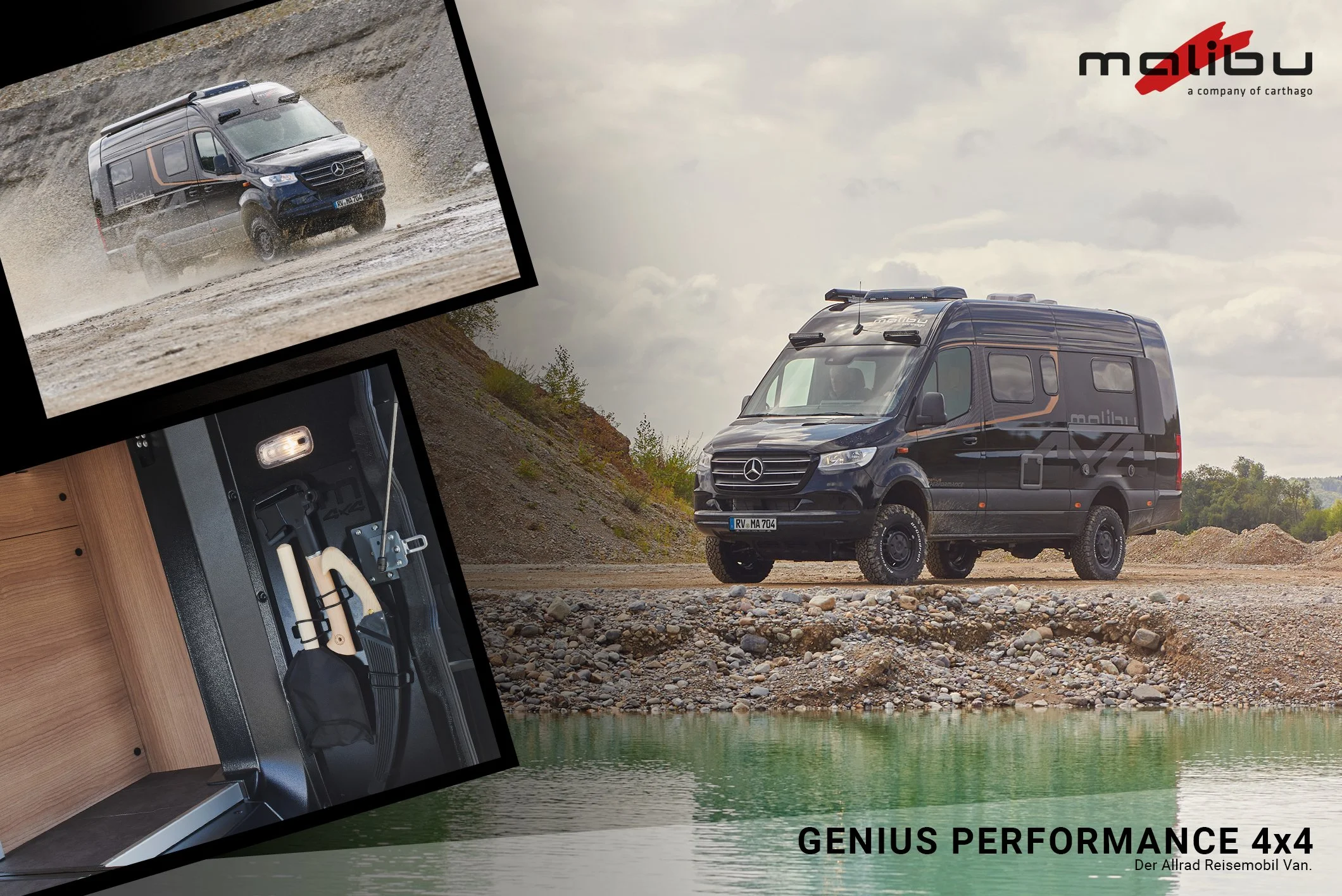 Mehrere Bilder des Mercedes-Benz Van Malibu auf Gelände, wasserfest und off-road geeignet, mit Innenraum-Equipment für Reise, Wasser, Off-Road-Erkundung und Übernachtung, beschreibt den Nutzen für Abenteuer- und Reisemobil-Freunde.