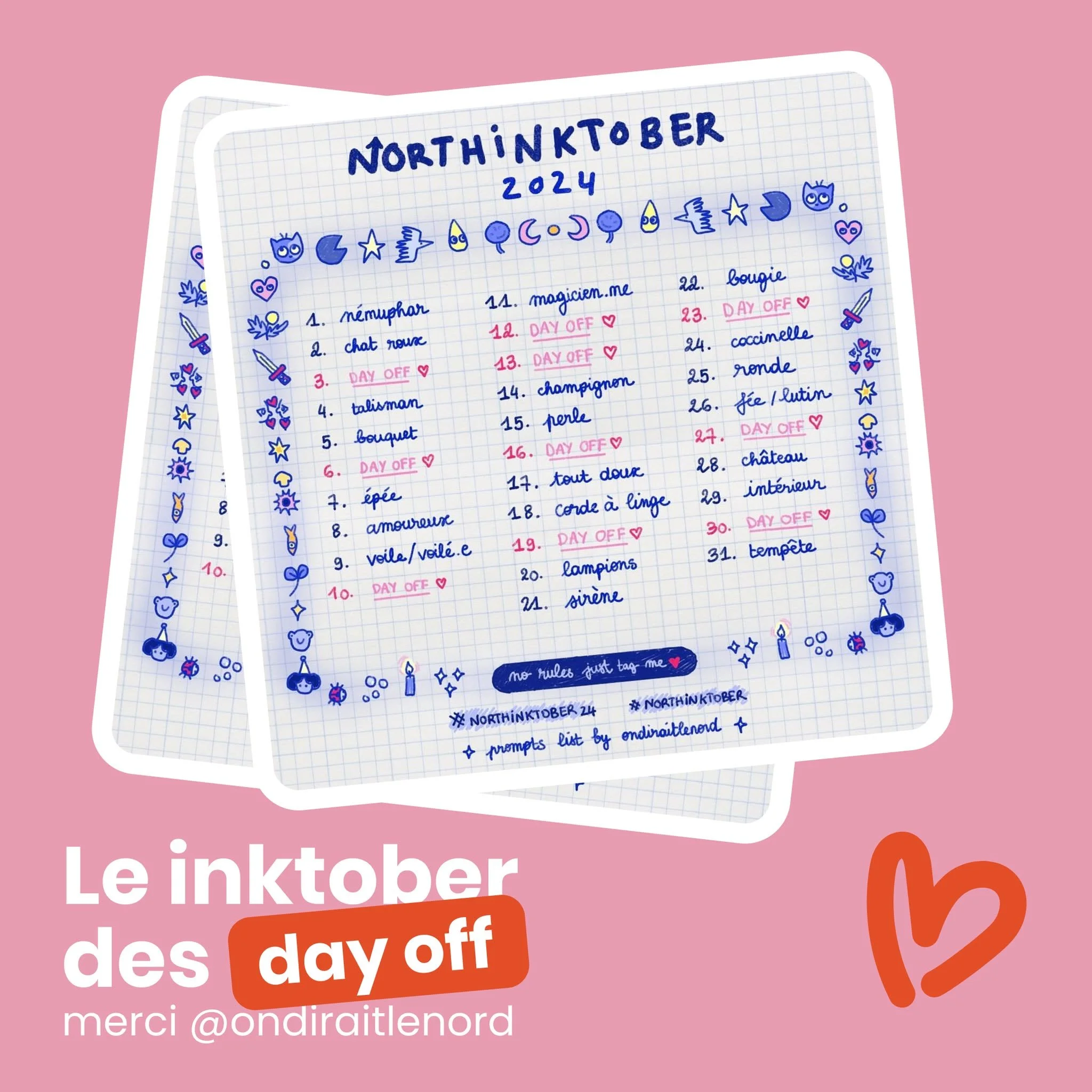 Le mois d&rsquo;octobre c&rsquo;est inktober, @ondiraitlenord  propose un inktober avec des jours de pauses, pour 0 frustration que du kiff et on adore, d&rsquo;ailleurs @myzuchi  le fait actuellement !

Et vous, vous faites lequel ? ON VEUT VOIR VOS