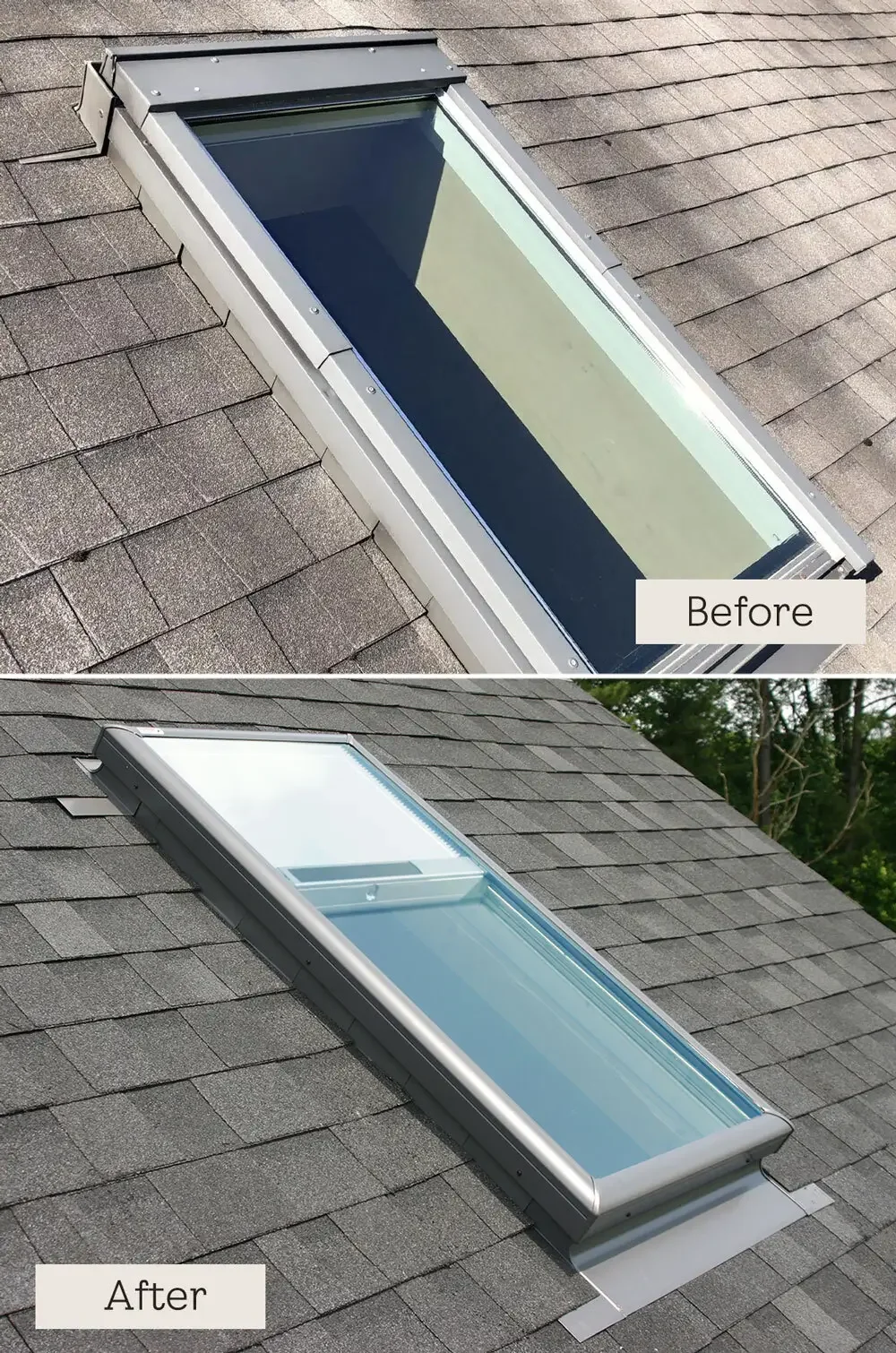 Comparison of a skylight window before and after installation. The before image shows a dark, unreflected glass window on a house roof. The after image shows the same skylight window with a cleaner, clearer, and more reflective glass surface.