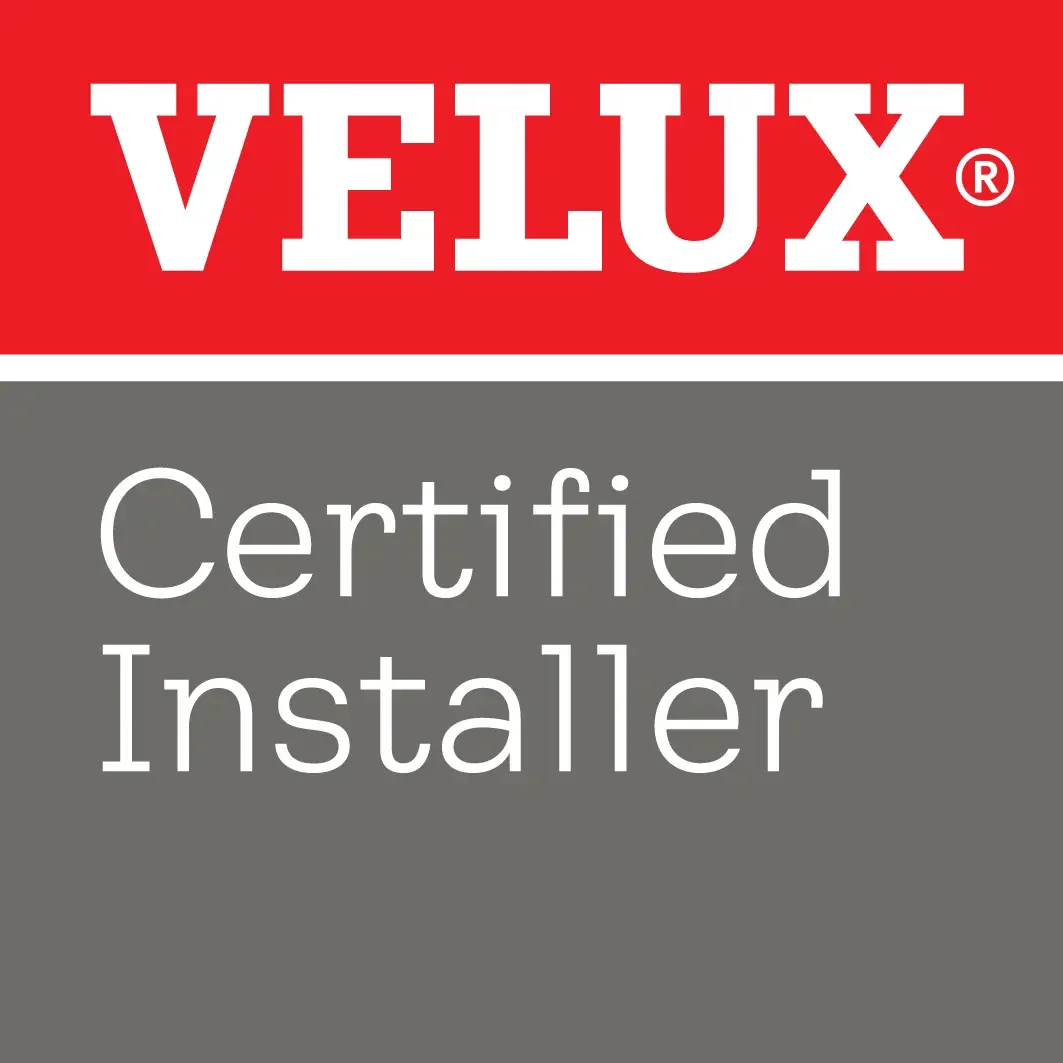 Velux logo with a red background and white text, and a gray section with white text reading 'Certified Installer.'