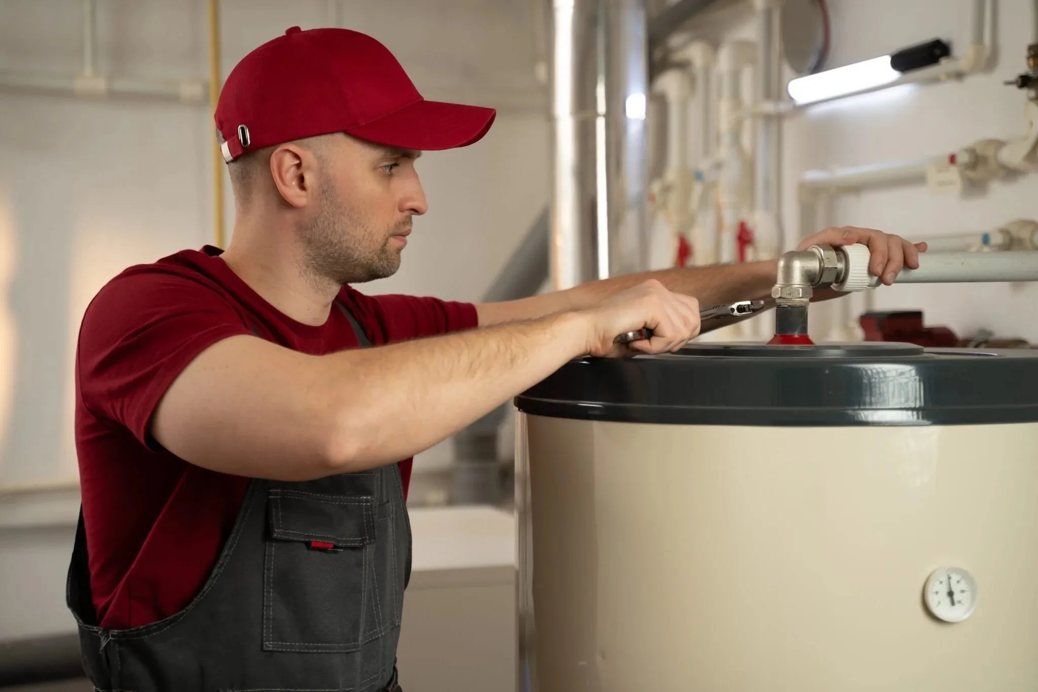Man in red cap and uniform fixing a water heater with a wrench.