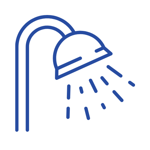 Blue shower head icon with water droplets